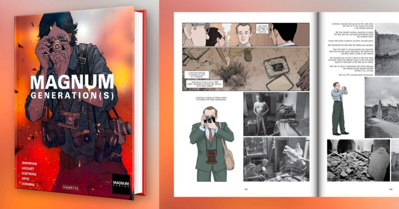 A graphic novel titled "Magnum Generation(s)" with a cover illustration of a photographer taking a picture. Next to it are two open pages showing comic-style panels of photographers and war scenes.