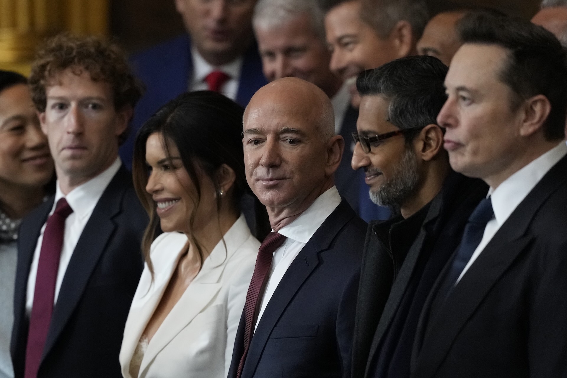 Guests including Mark Zuckerberg, Jeff Bezos, Sundar Pichai and Elon Musk, arrive before the 60th Presidential Inauguration in the Rotunda of the U.S. Capitol in Washington.