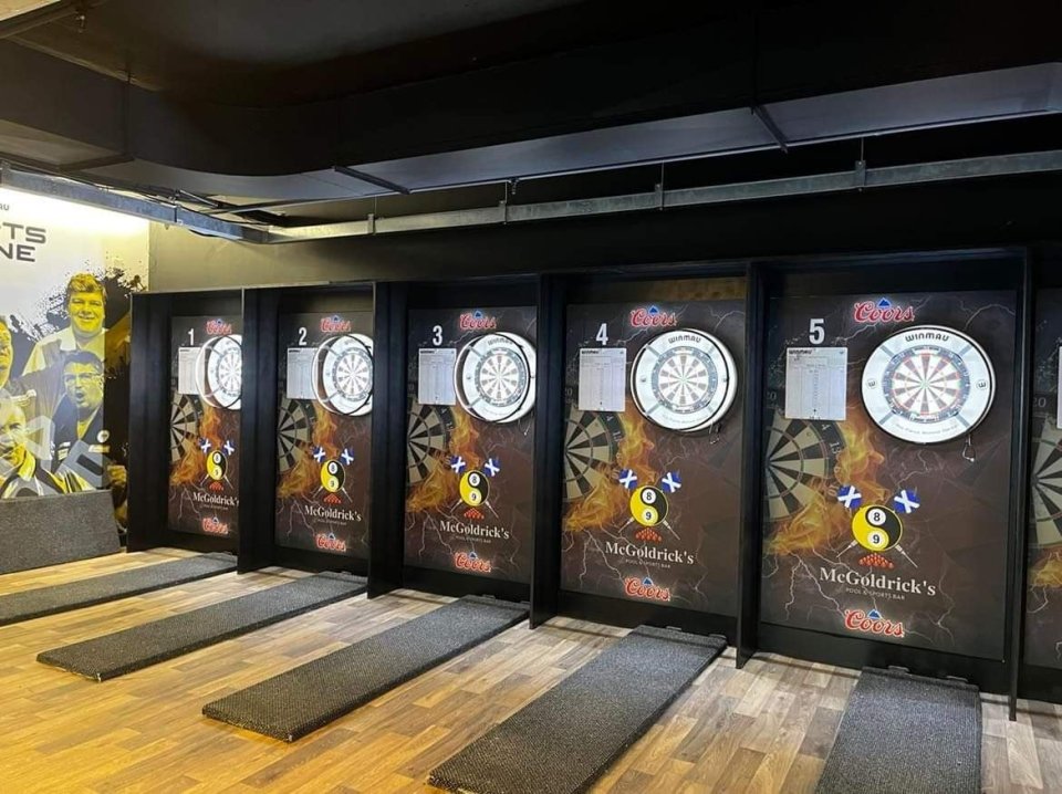 Five dartboards in a row.