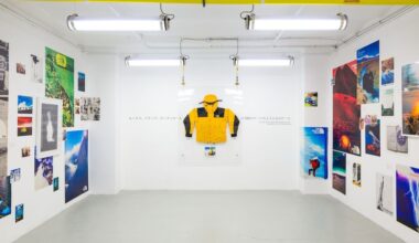 An exhibit showcasing several outdoor recreation photographs and gear.