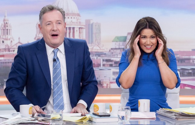 Piers Morgan with his mouth open and Susanna Reid with her hands on her ears on Good Morning Britain