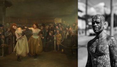 Two women in historic dresses fight in a crowded tavern as onlookers watch; next to them is a black-and-white photo of a shirtless tattooed man standing outdoors, looking at the camera.