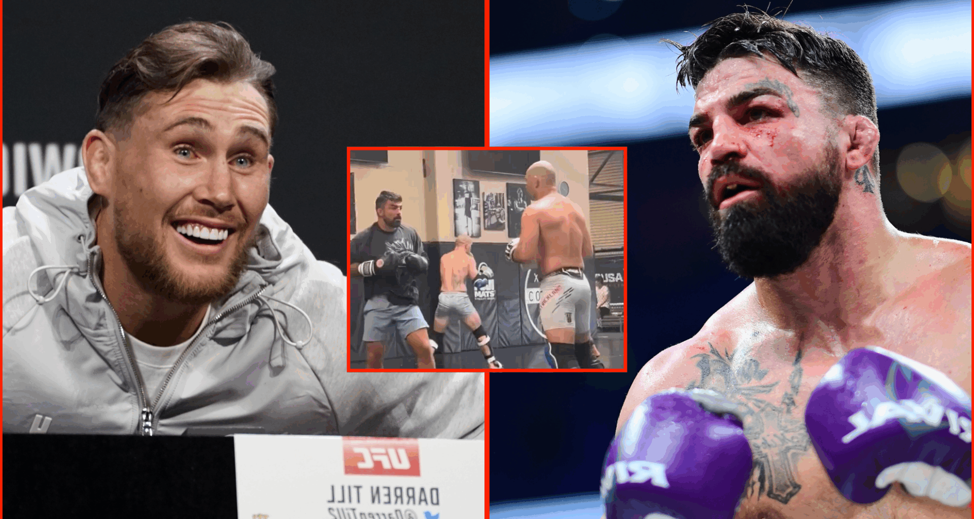 Darren Till appears at the UFC 282 press conference, opposite Mike Perry during his fight vs. Jake Paul, inset Perry and Sean Strickland sparring
