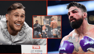 Darren Till appears at the UFC 282 press conference, opposite Mike Perry during his fight vs. Jake Paul, inset Perry and Sean Strickland sparring