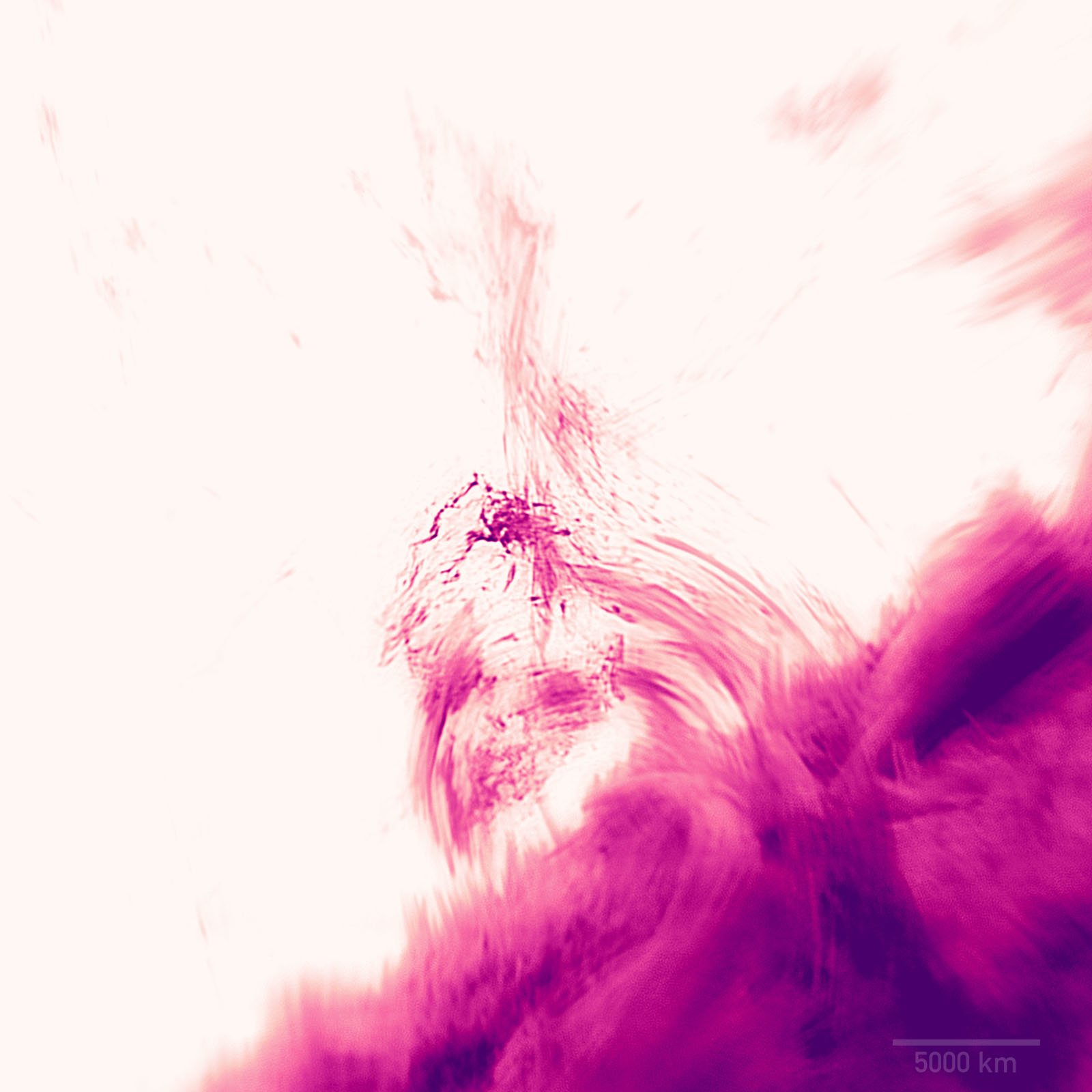 Abstract pink and white image resembling swirling clouds or smoke, with dynamic, flowing shapes. A faint scale marker in the lower right corner indicates 5000 km. The overall effect is soft and ethereal.