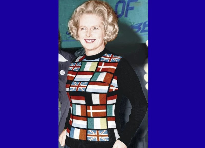 Margaret Thatcher in her iconic pro-Europe jumper during the 1975 referendum campaign 