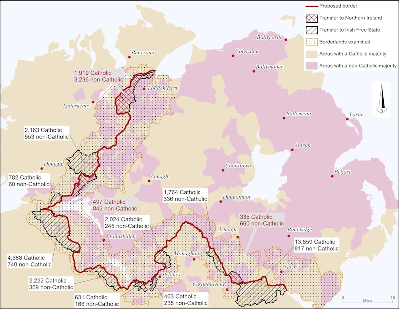 A map showing the Boundary Commission's proposed changes to the border, including areas marked for transfer to Northern Ireland and to the Free State