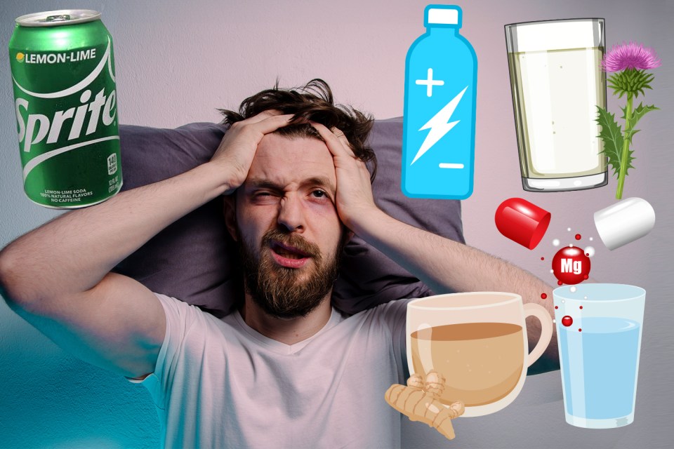 Illustration of a man with a hangover, surrounded by remedies including Sprite, water, milk thistle, magnesium, and ginger tea.