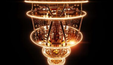 Quantum computer isolated on black. Golden gear, quantum computing, quantum cryptography, steampunk, Q bits, parallel computing. 3D illustration, 3D render; Shutterstock ID 2218001269; purchase_order: -; job: -; client: -; other: -