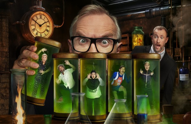 Pictured: Alex Horne, Greg Davies, (L-R): Rosie Ramsey, Jason Mantzoukas, Fatiha El-Ghorri, Mathew Baynton and Stevie Martin