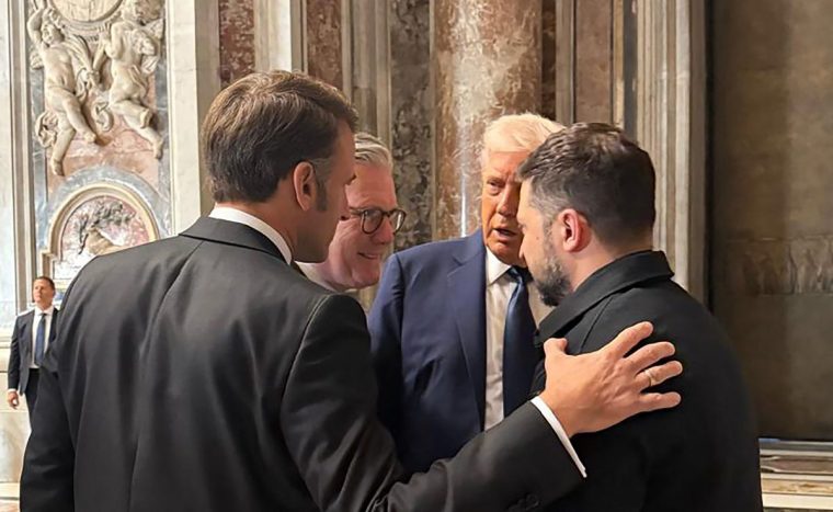VATICAN CITY, VATICAN - APRIL 26: (EDITOR???S NOTE: This handout image was provided by a third-party organization and may not adhere to Getty Images??? editorial policy.) In this handout photo released by the Ukrainian Presidential Press Service, Ukraine's President Volodymyr Zelensky (R) meets with French President Emmanuel Macron (L), British Prime Minister Keir Starmer (2nd L) and U.S. President Donald Trump (2nd R) during Pope Francis's funeral at St. Peter's Basilica at the Vatican, on April 26, 2025 in Vatican City, Vatican. Pope Francis died on April 21st, aged 88. Anointed in 2013, Argentinian Jorge Mario Bergoglio was the first Latin American and Jesuit Pope. Taking the name Francis after St Francis of Assisi, he was a more humble Pope than many of his predecessors and will be buried outside of the Vatican in a simple wooden coffin at the Basilica Santa Maria Maggiore. (Photo by Office of Ukrainian Presidential Press Service via Getty Images)