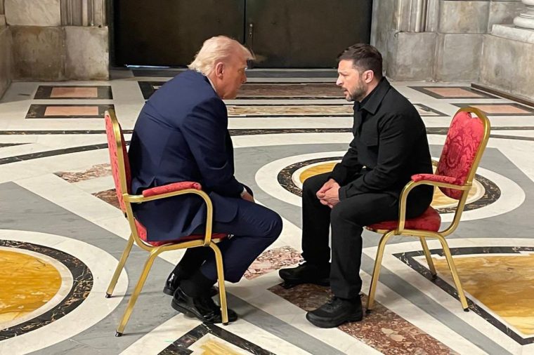 (FILES) In this handout photograph taken and released by the Ukrainian Foreign Ministry on April 26, 2025, Ukraine's President Volodymyr Zelensky (R) meets with US President Donald Trump (L) on the sidelines of Pope Francis's funeral at St. Peter's Basilica at The Vatican. The United States and Ukraine on April 30, 2025 signed a minerals deal after a two-month delay, in what President Donald Trump's administration called a new form of US commitment to Kyiv after the end of military aid. Ukraine said it secured key interests after protracted negotiations, including full sovereignty over its own rare earths, which are vital for new technologies and largely untapped. (Photo by Handout / UKRAINIAN FOREIGN MINISTRY / AFP) / RESTRICTED TO EDITORIAL USE - MANDATORY CREDIT "AFP PHOTO / UKRAINIAN FOREIGN MINISTRY" - NO MARKETING NO ADVERTISING CAMPAIGNS - DISTRIBUTED AS A SERVICE TO CLIENTS (Photo by HANDOUT/UKRAINIAN FOREIGN MINISTRY/AFP via Getty Images)