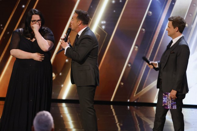 Editorial use only. No book publishing. Mandatory Credit: Photo by Dymond/TalkbackThames/REX/Shutterstock (15273688er) Ant McPartlin and Declan Donnelly with Stacey Leadbeatter who goes through to the live final 'Britain's Got Talent' TV Show, Series 18, Semi-Final 2, Episode 10, London, UK - 03 May 2025