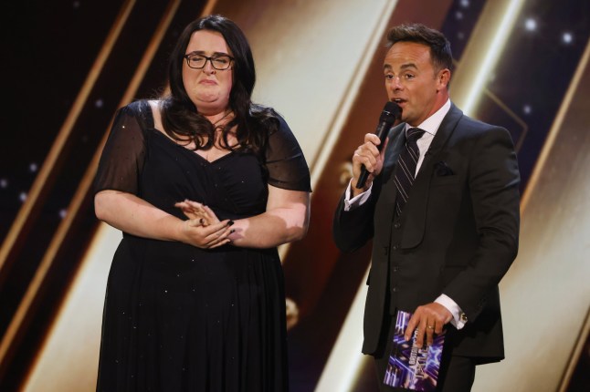 Editorial use only. No book publishing. Mandatory Credit: Photo by Dymond/TalkbackThames/REX/Shutterstock (15273688eo) Ant McPartlin with Stacey Leadbeatter who goes through to the live final 'Britain's Got Talent' TV Show, Series 18, Semi-Final 2, Episode 10, London, UK - 03 May 2025
