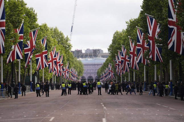 Union flags are flown ahead of the military procession for the 80th anniversary of VE Day, in honour of those who served during the Second World War, on The Mall near Buckingham Palace in central London. See PA story MEMORIAL VEDay. Photo credit should read: Jordan Pettitt/PA Wire