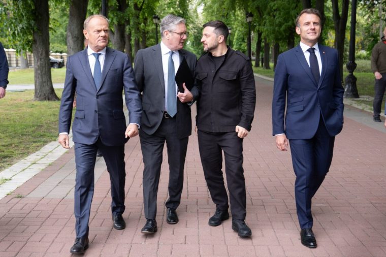 (Left to right) Poland's Prime Minister Donald Tusk, Prime Minister Sir Keir Starmer, Ukrainian President Volodymyr Zelensky and French President Emmanuel Macron at the Presidential Palace in Kyiv, Ukraine where they held a meeting of the so-called "coalition of the willing". Picture date: Saturday May 10, 2025. PA Photo. See PA story POLITICS Ukraine. Photo credit should read: Stefan Rousseau/PA Wire