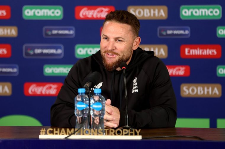 KARACHI, PAKISTAN - MARCH 01: Brendon McCullum, Head Coach of England, speaks to the media in a post match press conference following defeat to South Africa during the ICC Champions Trophy 2025 match between South Africa and England at National Stadium on March 01, 2025 in Karachi, Pakistan. (Photo by Chris Hyde-ICC/ICC via Getty Images)