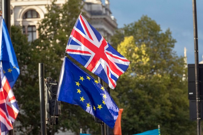 File photo dated 25/09/19 of a Union flag and EU flag outside the Houses of Parliament, London. Unionist voters have become more sceptical about the Windsor Framework since the Safeguarding the Union deal, a new report has suggested. Issue date: Friday May 16, 2025. PA Photo. The report from Queen's University Belfast, based on an opinion poll carried out by LucidTalk, indicated that support for the Windsor Framework deal remains fragile in Northern Ireland. See PA story ULSTER Brexit. Photo credit should read: Steve Parsons/PA Wire