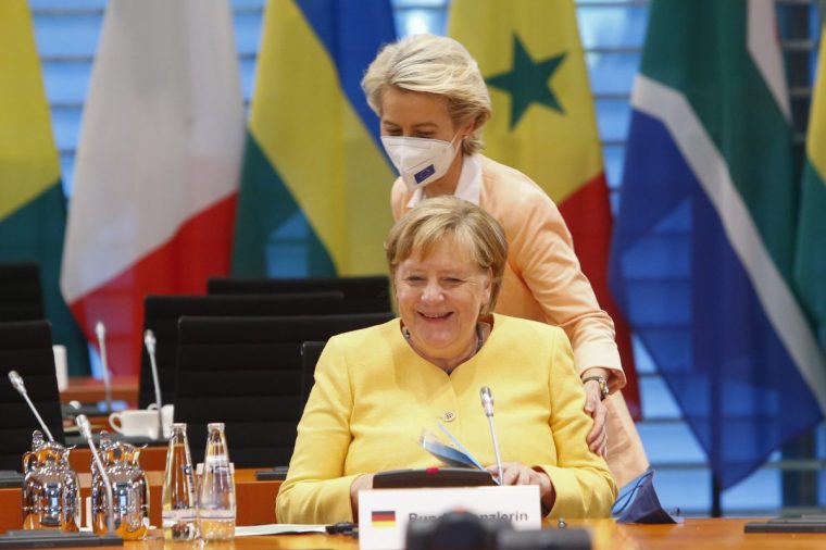 BERLIN, GERMANY - AUGUST 27: Commission President Ursula von der Leyen??greets German Chancellor Angela Merkel at the G20 Compact with Africa (CwA) meeting in Berlin, Germany, August 27, 2021. (Photo by Michele Tantussi - Pool/Getty Images)