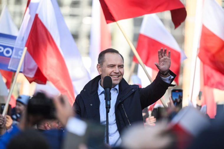 LUBLIN, POLAND - MAY 16: Karol Nawrocki, a non-partisan Presidential candidate supported by the Law and Justice Party, delivers a speech during a political rally as the Presidential campaign enters the last day on May 16, 2025 in Lublin, Poland. Poland holds its presidential election on Sunday, May 18. (Photo by Omar Marques/Getty Images)