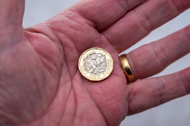 A one pound coin held on an elderly mans hand