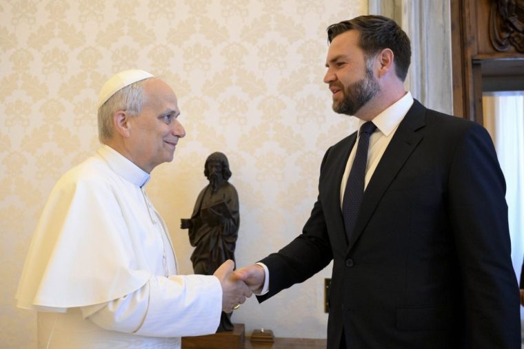 VATICAN CITY, VATICAN - MAY 19: (EDITOR NOTE: STRICTLY EDITORIAL USE ONLY - NO MERCHANDISING). Pope Leo XIV meets with US Vice President JD Vance, on May 19, 2025 in Vatican City, Vatican. (Photo by Vatican Media/Vatican Pool - Corbis/Getty Images)