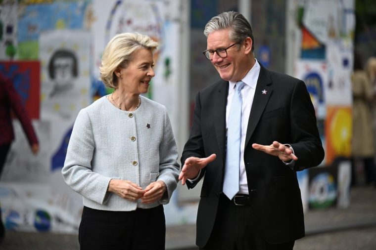 TIRANA, ALBANIA - MAY 16:(L-R) Ursula von der Leyen, President of the European Commission and Keir Starmer, Prime Minister of the United Kingdom greet each other, ahead of their bilateral meeting at the 6th European Political Community summit on May 16, 2025 at Skanderbeg Square in Tirana, Albania. The EPC brings together heads of state and government from the 27 European Union countries and 20 others. The items on today's agenda are security and democratic resilience, competitiveness and economic security, and mobility challenges and youth empowerment. (Photo by Leon Neal/Getty Images)