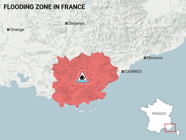 Map shows where flooding has taken place in France.