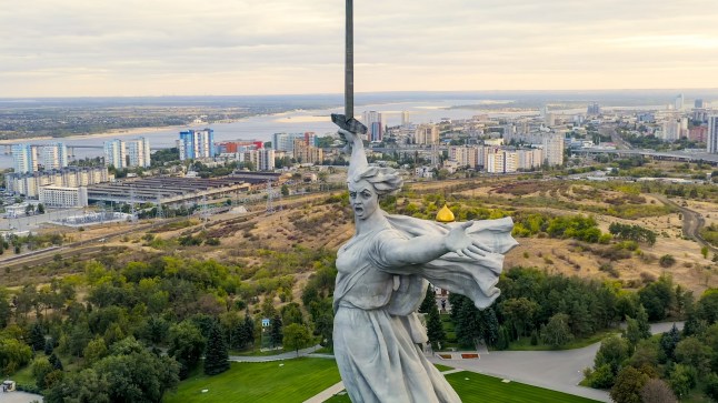 Volgograd, Russia - September 19, 2020: Evening view of the sculpture Motherland Calls! on the Mamaev Kurgan in Volgograd. Cloudy weather, Aerial View ; Shutterstock ID 2415252479; purchase_order: -; job: -; client: -; other: -