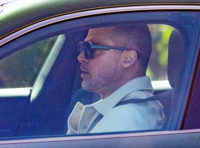 Brad Pitt with a shaved head sitting in a car