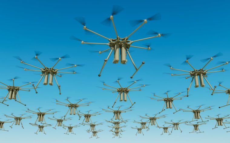 Regular pattern of military drones arranged in regular lines and rows