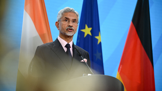 External affairs minister S Jaishankar speaks to the media following talks with German foreign minister Johann Wadephul in Berlin on May 23, 2025.(Reuters)
