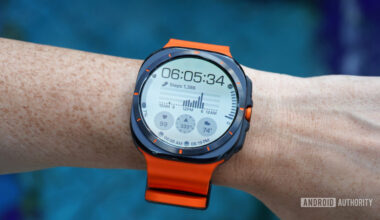 A Samsung Galaxy Watch Ultra displays a native watch face.