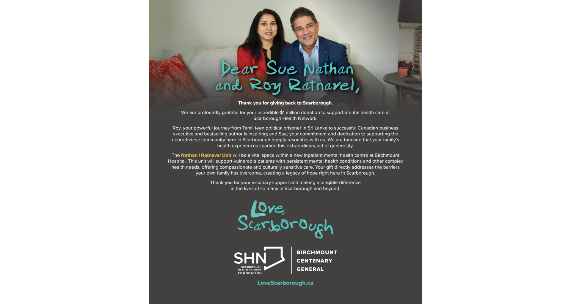 Sue Nathan and Roy Ratnavel Donate $1 Million to Scarborough Health Network to Support Mental Health