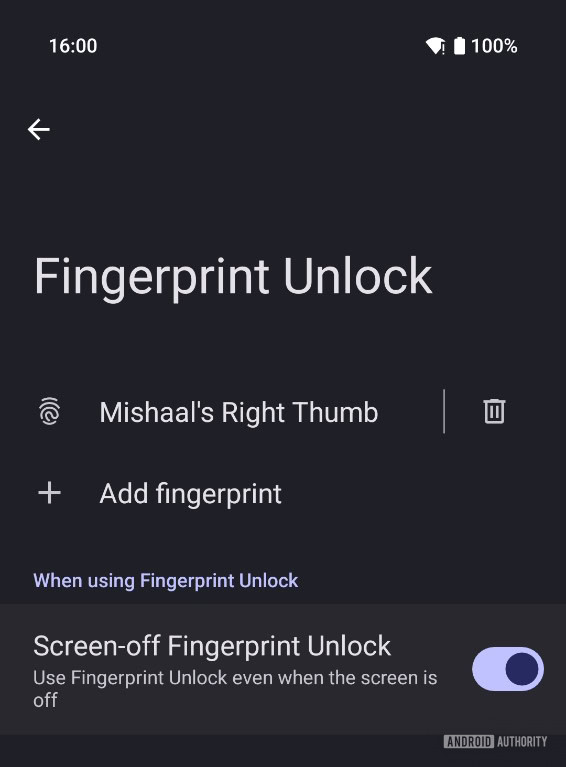 Screen off Fingerprint Unlock toggle