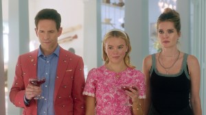 Sirens. (L to R) Glenn Howerton as Ethan, Milly Alcock as Simone, Meghann Fahy as Devon in episode 101 of Sirens. Cr. Courtesy of Netflix © 2025