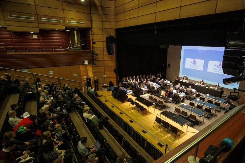 Jacqueline McParland (centre of top table), Senior Commissioner at The Planning and Water Appeals Commission at Strule Arts Centre in Omagh, during the public inquiry into the controversial planning application for the Dalradian Gold Mine project at Greencastle, County Tyrone