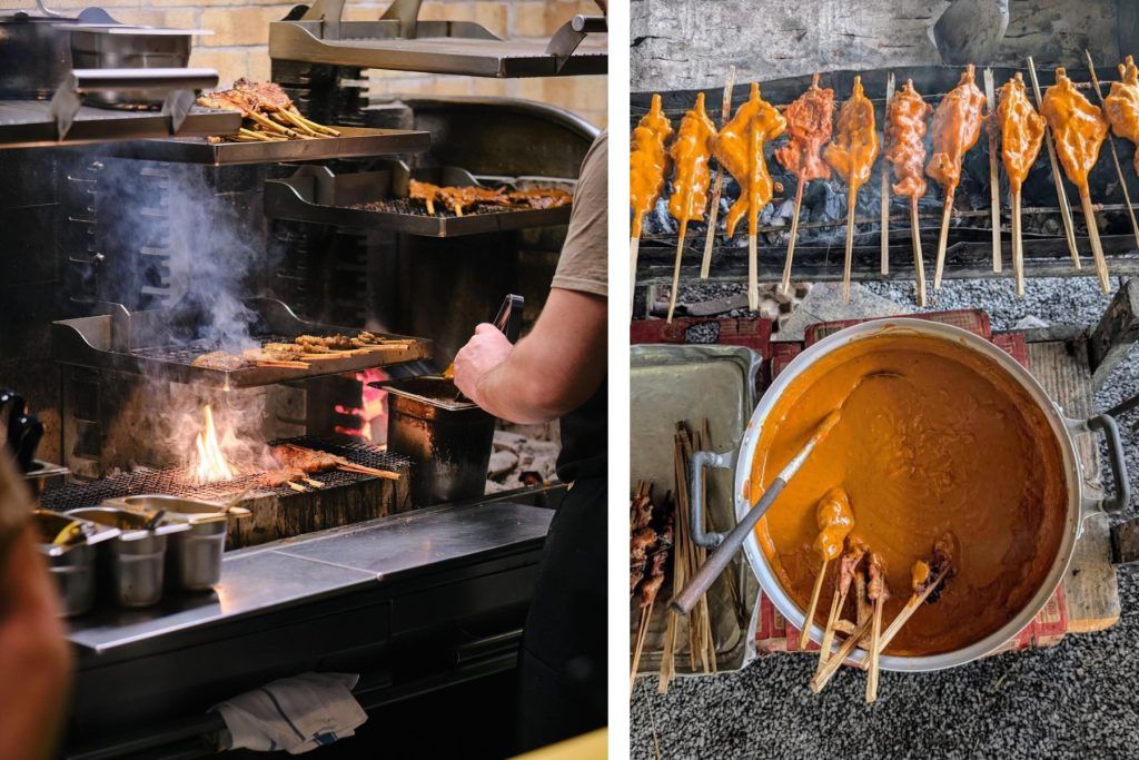 The fire station (left) and kolae chicken at a tiny back yard stall in Phattalung, Thailand (right). Courtesy of Kolae