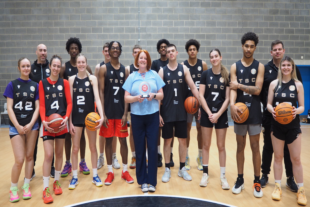 Students and staff at The Sheffield College celebrate winning a Basketball England Education Institution of the Year Award.