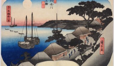 a color woodblock print of a couple of boats along a coastline with trees and rocks