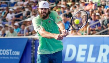 Reilly Opelka hits a backhand in Palm Beach during the 2024 tennis season.