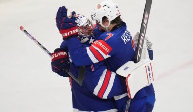 Jeremy Swayman celebrates with Michael Kesselring after Team USA beat the host Swedes on Saturday to reach the gold-medal game.