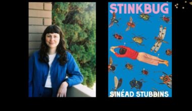Two panels. On the left is a young woman with long wavy brown hair wearing a blue shirt over a white top. On the right is the cover of the book 'Stinkbug'. Against a blue background, a woman is lying face down. There are various bugs around her.