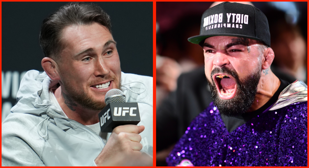 Split image of Darren Till at the UFC 282 press conference, opposite Mike Perry walking out for his boxing match with Jake Paul