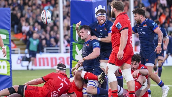 Magnus Bradbury powered over the whitewash for two of Edinburgh's seven tries against Ulster on Friday night. Image: © Craig Watson - www.craigwatson.co.uk