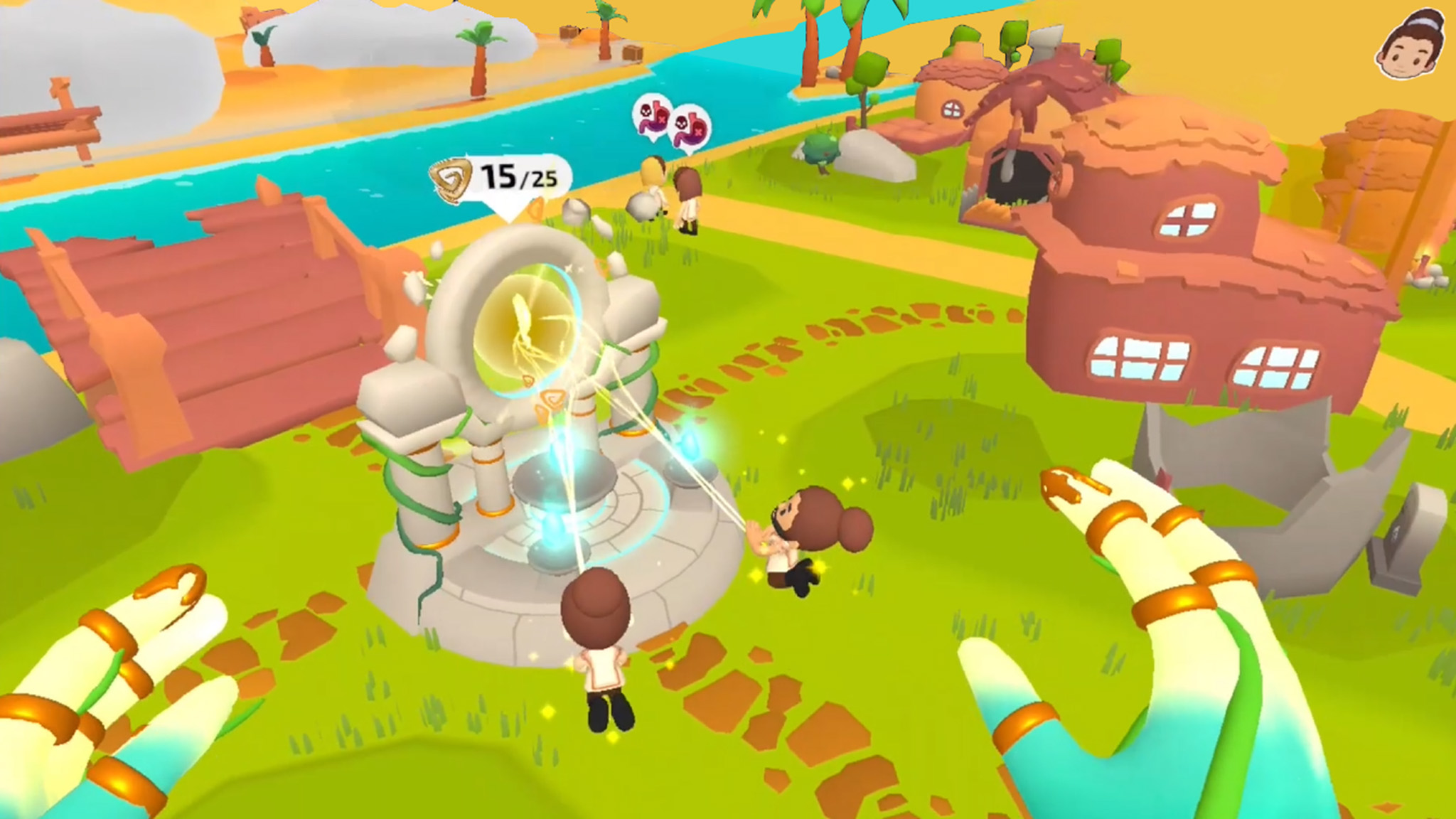 An official screenshot of How to God for the Meta Quest 3 showing villagers praying at an altar