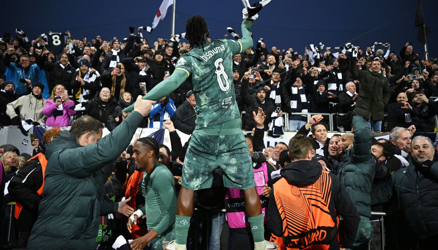 Yves Bissouma joins the ecstatic Spurs fans at the final whistle