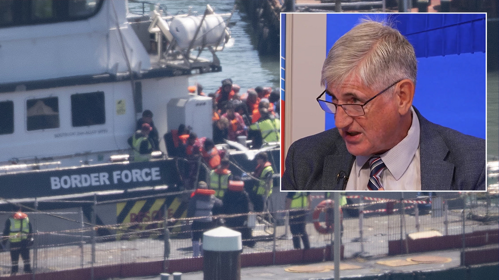 A Border Force boat full of migrants arrives in Britain with an inset image of Tony Smith