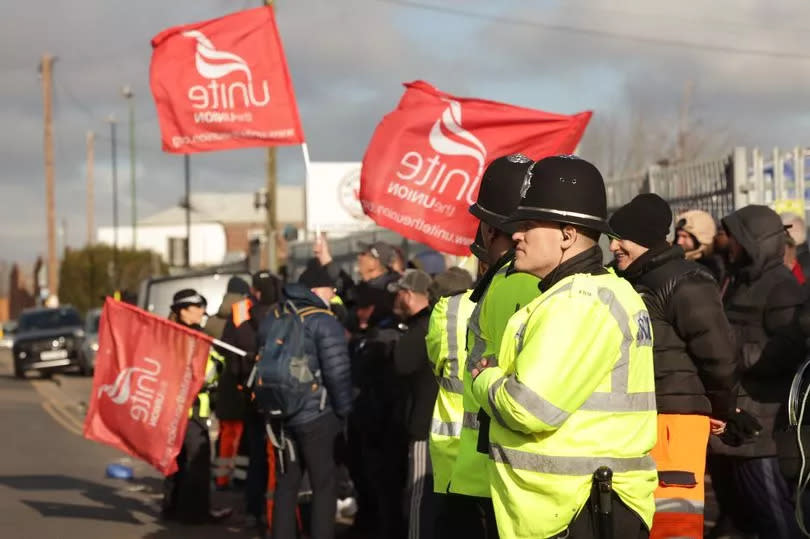 Bin workers on strike outside Atlas the council depot in Tyseley.