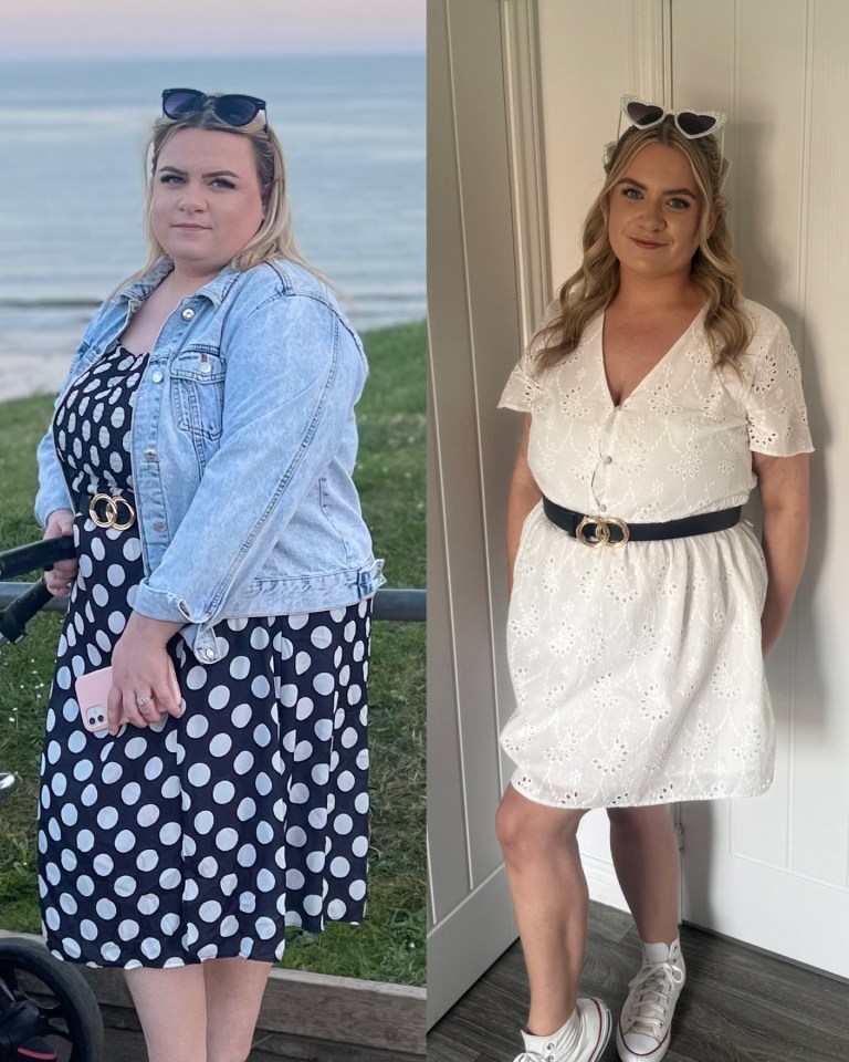 Before and after weight loss photos of a woman.
